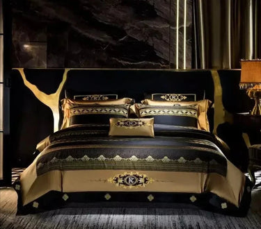 Black Gold European Jacquard Embroidered Duvet Cover Set, Egyptian Cotton 1200TC Bedding Set